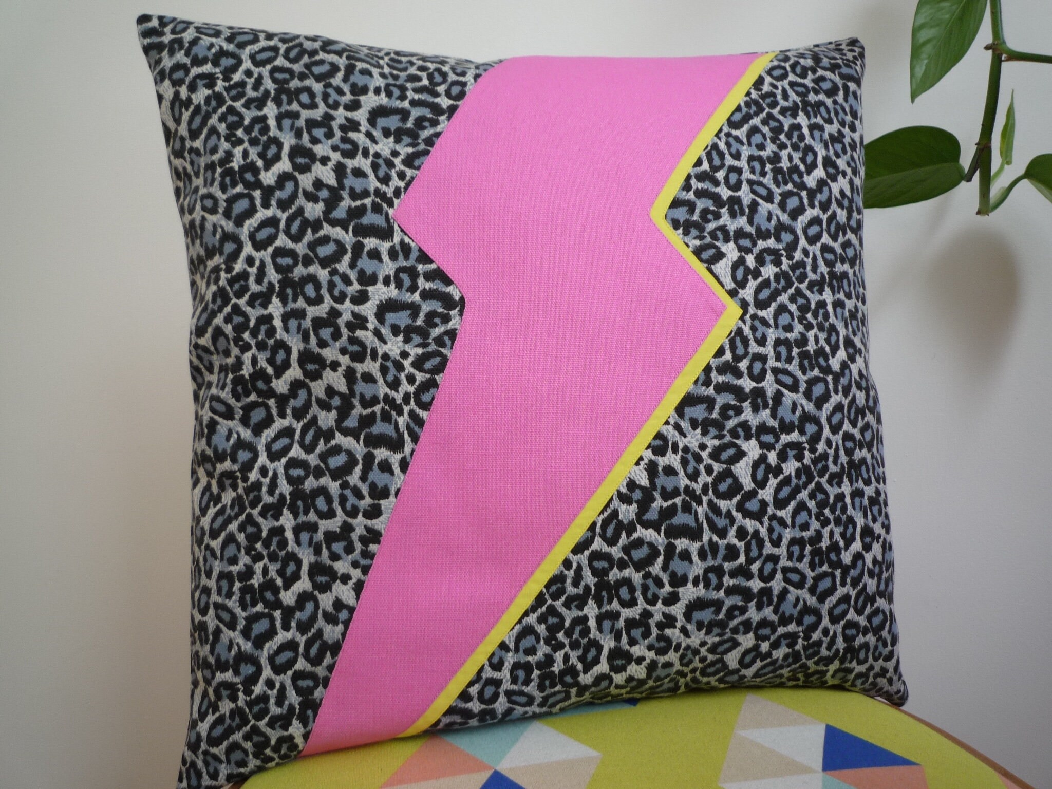 Leopard Print 80's Style Cushion Cover, Bowie Style Lightning Bolt