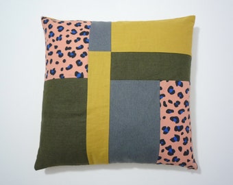 Colourful modern geometric patchwork cushion cover, modernist contemporary throw pillow cover, leopard print cushion cover