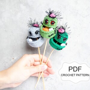 Crochet PATTERN: Zombie Head Sweet Holder/ Amigurumi Halloween Gift/ Candy Stick/ Trick or Treat/ Easy Pattern/ Frankenstein Monster/ Creepy image 1