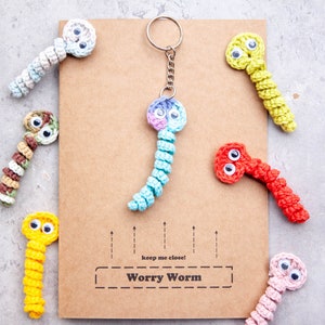 Handmade CARD: Worry Worm Keychain/ Amigurumi Crochet/ Stress Toy/ Personalized Greeting Card/ Handmade Unique/ Baby Worm/ Funny Postcard