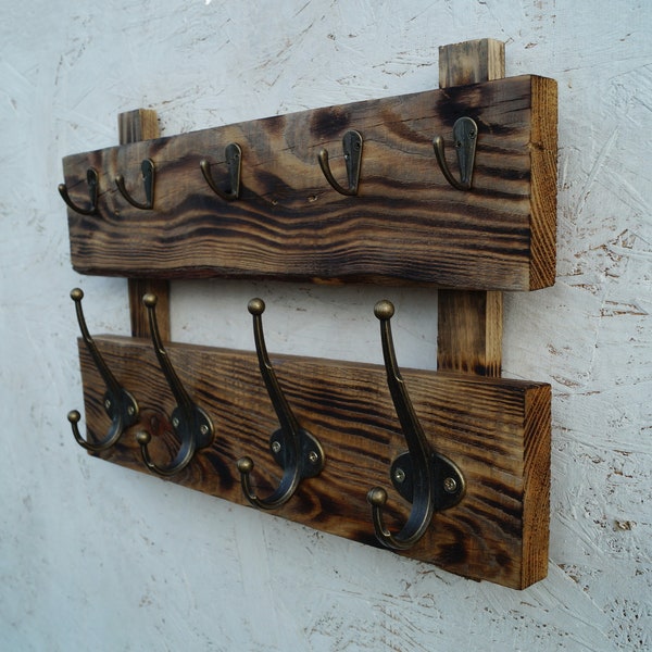 Barnwood coat rack wall mount - Reclaimed wood coat rack with key hook - Coat hooks on board