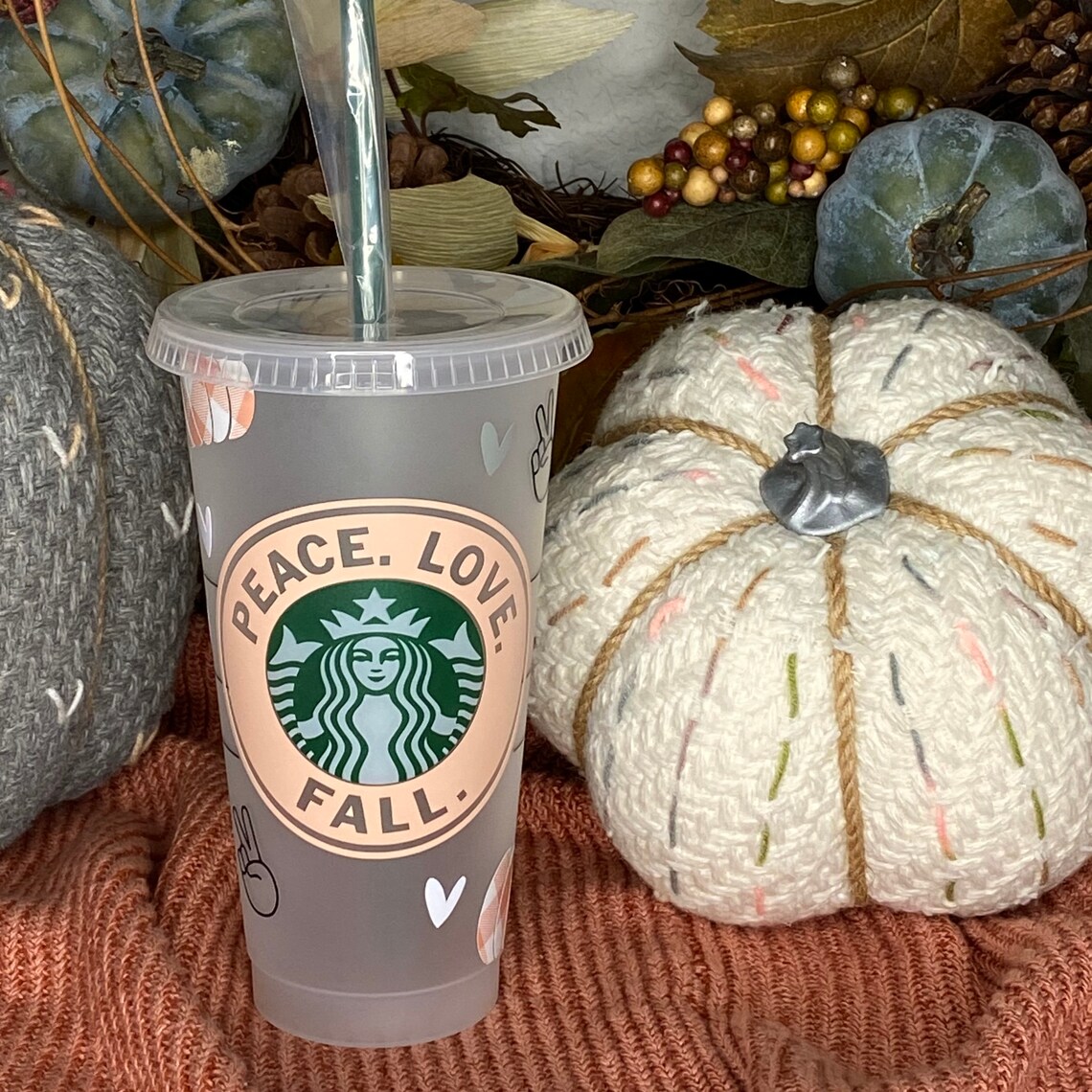 Fall themed Starbucks custom tumbler / Peace. Love. Fall. Etsy