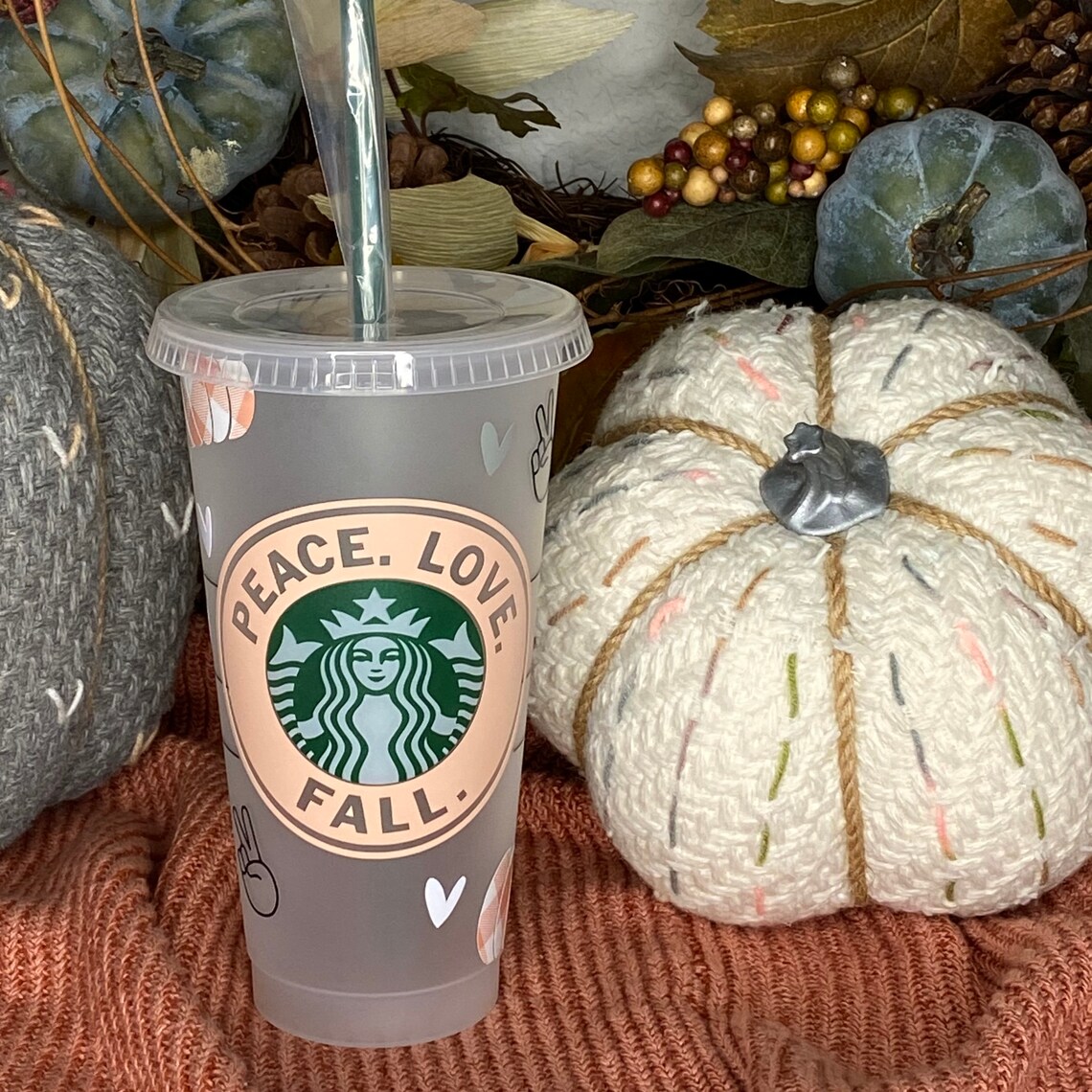 Fall themed Starbucks custom tumbler / Peace. Love. Fall. Etsy