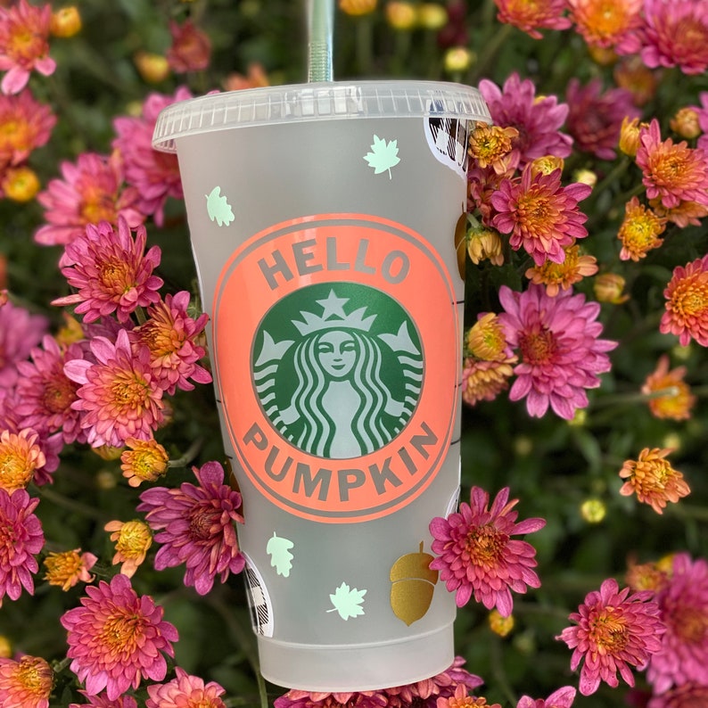 Fall themed Starbucks custom tumbler / Hello Pumpkin Starbucks Etsy