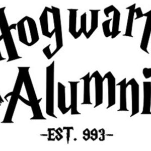 May include: Black and white graphic design with the text "Hogwarts Alumni -EST. 993-" with two black broomsticks on either side of the text.
