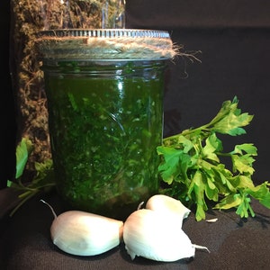May include: A glass jar filled with green pesto sauce, with a twine tied around the lid. Two cloves of garlic and a sprig of parsley are in the foreground.