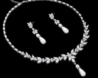 Vintage Starlet Pearl Necklace & Earrings, Available in Silver, Bridal Accessories, Bridal Jewellery, Bridal Set Wedding Gift
