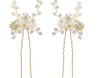 Pair of Eternally Pearl Bridal Hairpins, Gold, Bridal Accessories, Bridal Hair, Bridesmaid Hair, Crystal & Pearl Bridal Hairpins, Wedding