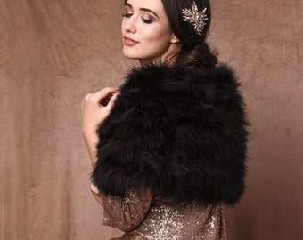 Black marabou feather wrap - beautiful vintage inspired shrug, stole , Wedding Gift, Bridal Accessories, Wedding Cover Up