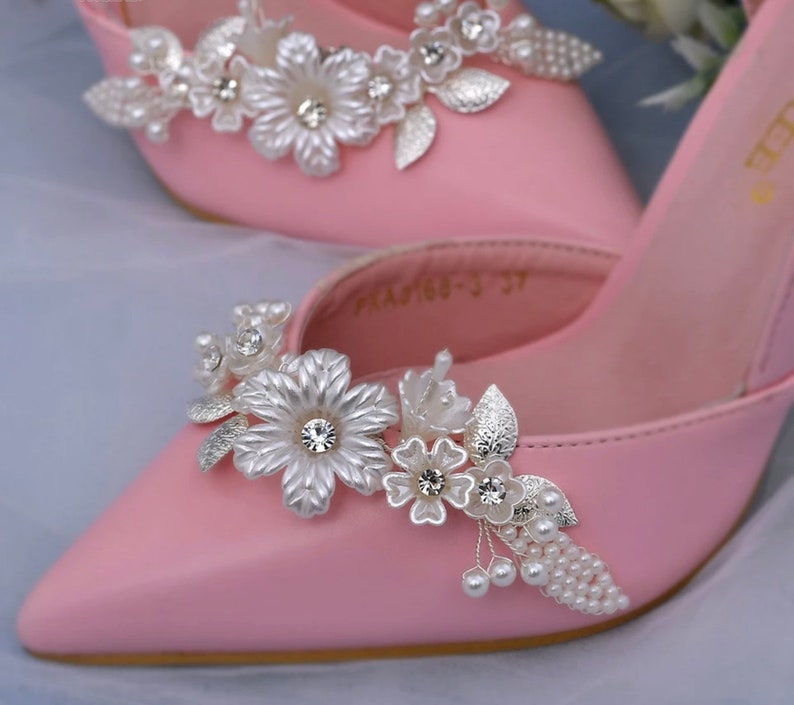 Silver Flower & Pearl Bridal Shoe Clips Wedding Dress Etsy UK