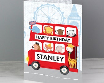 Personalised london animal bus birthday card, Personalised Card, Unique Greeting Card