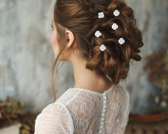 Set of Chic Flower Hair Pins - Silver, Set of 6, Accessories, Bridal Hair Accessories, Bridal Hairpin, Floral Hair Pins,