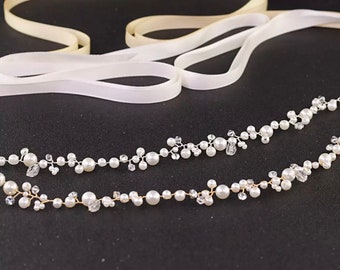 Simple Crystal & Pearl Bridal Belt, Wedding Dress Belt, Bridal Dress Belt, Gold or Silver, Ivory or White Ribbon, Wedding Gift