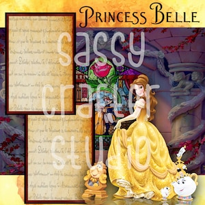 Strony do scrapbookingu Disneya - Spotkanie i powitanie - Belle - Gotowe strony - Karton 12x12 - Wystarczy dodać zdjęcia
