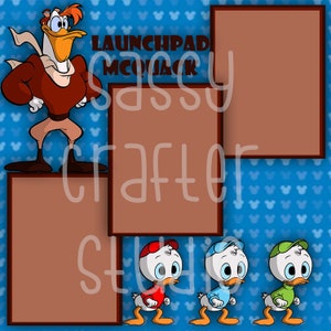 Strony do scrapbookingu Disneya - Spotkanie i powitanie - Launchpad McQuack - Gotowe strony - Karton 12x12 - Wystarczy dodać zdjęcia