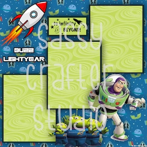 Strony do scrapbookingu Disneya - Spotkanie i powitanie - Buzz Lightyear - Gotowe strony - Karton 12x12 - Wystarczy dodać zdjęcia