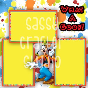 Strony do scrapbookingu Disneya - Spotkanie i powitanie - Goofy - Gotowe strony - Karton 12x12 - Wystarczy dodać zdjęcia