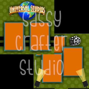 Puede incluir: Una plantilla de álbum de recortes digital con un fondo verde con lunares blancos. La plantilla tiene cuatro marcos de fotos naranjas con bordes azules. La parte superior de la plantilla tiene un globo terráqueo con el texto "Universal Studios" encima. La parte inferior de la plantilla tiene dos focos que brillan sobre el marco de fotos inferior.