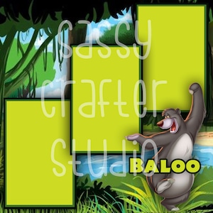 Strony do scrapbookingu Disneya - Spotkanie i powitanie - Baloo - Gotowe strony - Karton 12x12 - Wystarczy dodać zdjęcia