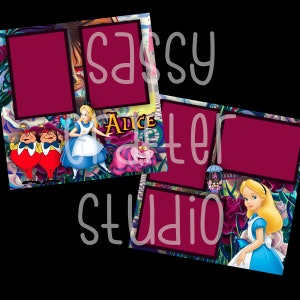 Páginas de scrapbook da Disney - Alice - Meet and Greet - Conjunto de 2 páginas - Páginas prontas - Cartolina 12x12 - Basta adicionar fotos