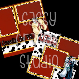 Pages de scrapbooking Disney - Meet and Greet - Cruella De Vil 2 pages - Pages prêtes à l'emploi - papier cartonné 12 x 12 - il suffit d'ajouter des photos