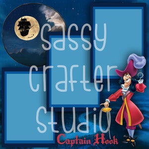May include: A digital scrapbook template featuring Captain Hook from Peter Pan. The template has a blue background with stars and a moon. The text "Sassy Crafter Studio" is written in white. The template has three photo frames.