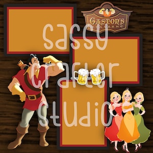 Strony do scrapbookingu Disneya - Spotkanie i powitanie - Gaston - Gotowe strony - Karton 12x12 - Wystarczy dodać zdjęcia
