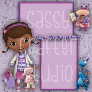 Strony do scrapbookingu Disneya - Spotkanie i powitanie - Doc McStuffins - Gotowe strony - Karton 12x12 - Wystarczy dodać zdjęcia