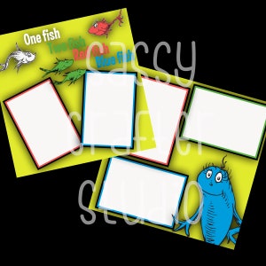 Puede incluir: Un fondo amarillo con un pez azul, un pez rojo, dos peces verdes y un pez azul con pestañas. El texto "One fish, Two fish, Red fish, Blue fish" está escrito en el fondo.