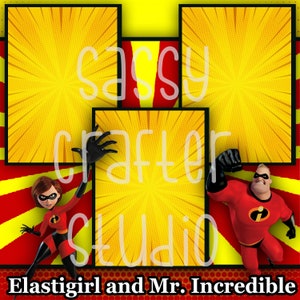Strony do scrapbookingu Disneya - Spotkanie i powitanie - Elastigirl i Pan Niesamowity - Gotowe strony - Karton 12x12 - Wystarczy dodać zdjęcia
