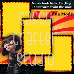 Strony do scrapbookingu Disneya - Spotkanie i powitanie - Edna Mode - Gotowe strony - Karton 12x12 - Wystarczy dodać zdjęcia