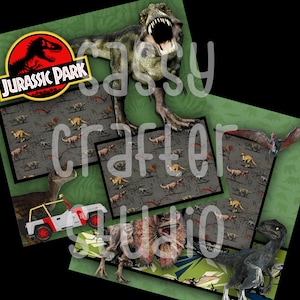 May include: A Jurassic Park themed fabric featuring a repeating pattern of various dinosaurs on a dark gray background, accented by a large T-Rex, a Dilophosaurus, a blue raptor, and a white and red off-road vehicle on a green background.