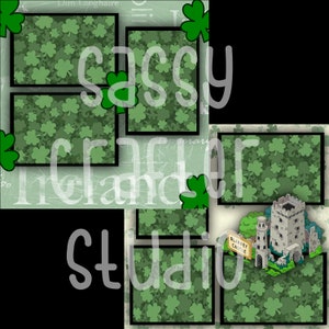 May include: A digital scrapbook template with a green shamrock pattern and a cartoon image of Blarney Castle. The template has four photo frames and the text "Sassy Ireland Studio".