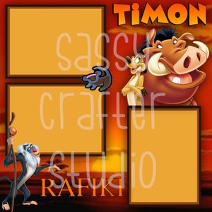 Strony do scrapbookingu Disneya - Spotkanie i powitanie - Rafiki i Timon - Gotowe strony - Karton 12x12 - Wystarczy dodać zdjęcia