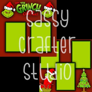 May include: A digital scrapbook layout featuring The Grinch Stole Christmas branding, multiple lime green rectangular photo frames with dark borders, a Grinch character in a Santa hat, and a decorated Christmas tree on a red and black background.