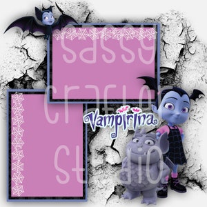 Strony do scrapbookingu Disneya - Spotkanie i powitanie - Vampirina - Gotowe strony - Karton 12x12 - Wystarczy dodać zdjęcia