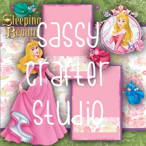 Strony do scrapbookingu Disneya - Spotkanie i powitanie - Księżniczka Aurora - Śpiąca królewna - Gotowe strony - Karton 12x12 - Wystarczy dodać zdjęcia