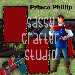 Strony do scrapbookingu Disneya - Spotkanie i powitanie - Książę Filip - Gotowe strony - Karton 12x12 - Wystarczy dodać zdjęcia