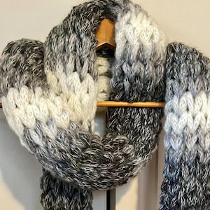 Hand Knit Chunky Wool Scarf - Stripes in shades of Gray - The Woolly