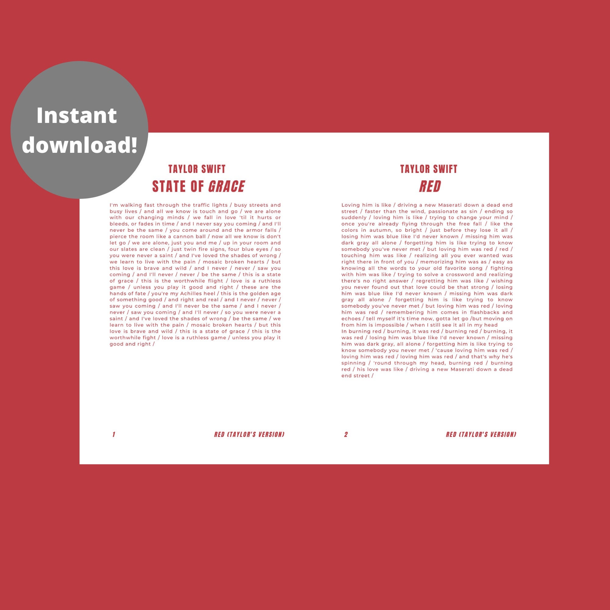 Red (Taylor's Version) Lyrics Book | Printable Taylor Swift Poster |  Scrapbook Book Pages | Taylor Swift Lyrics | Instant Download