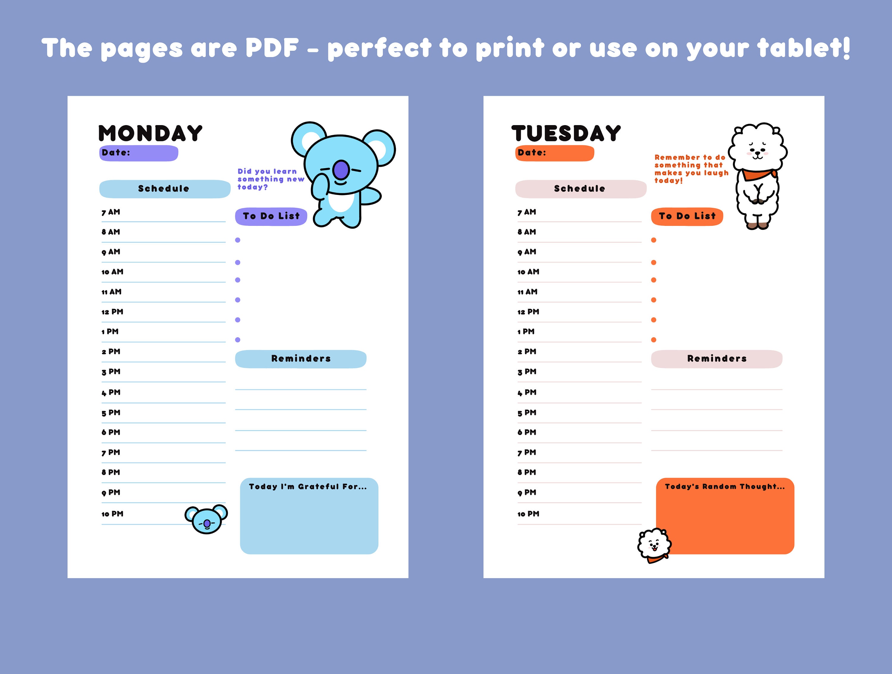 bt21 weekly planner digital bt21 themed daily planner etsy uk