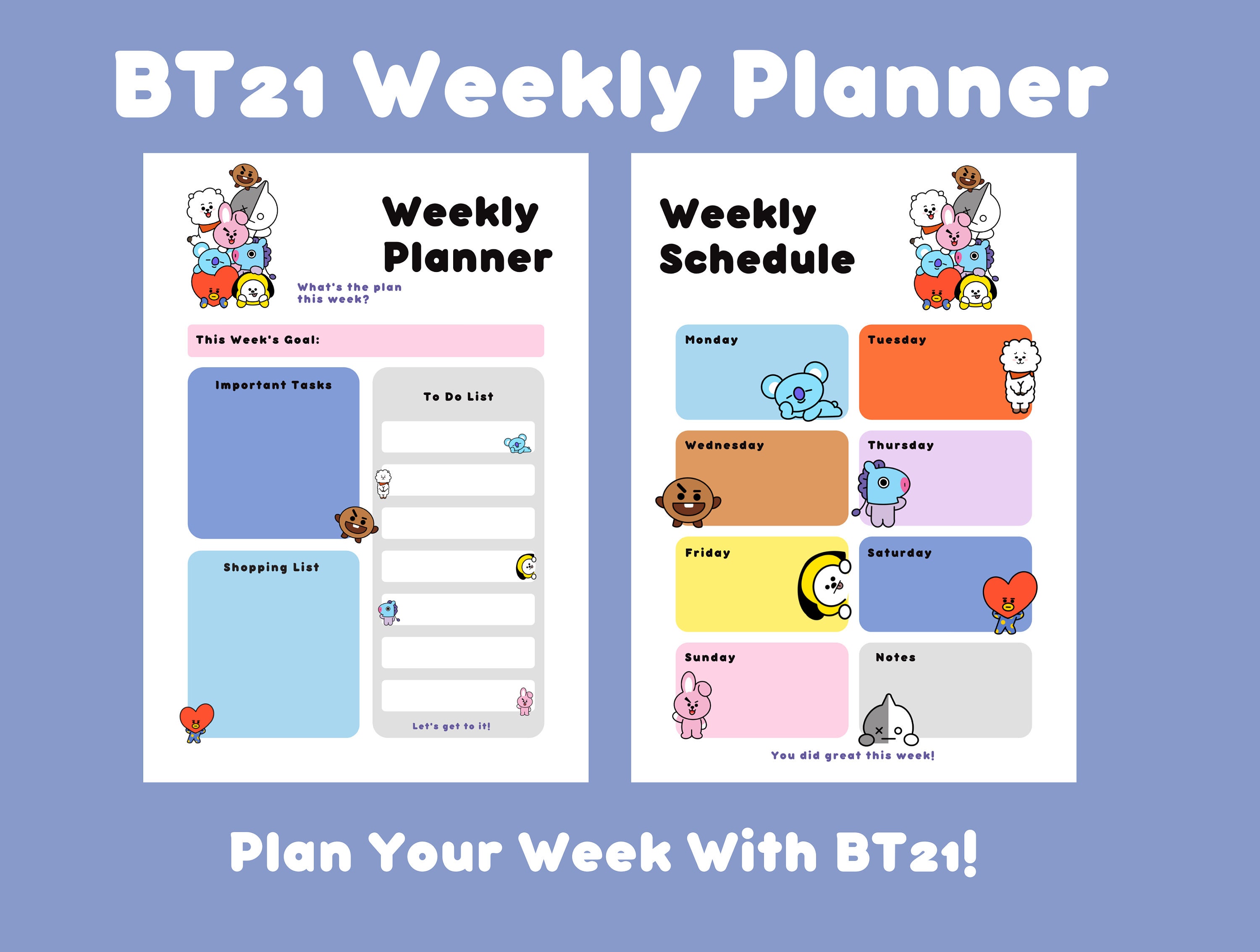 bt21 weekly planner digital bt21 themed daily planner etsy uk
