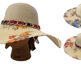 Ladies Women Sun Wide Large Brim Flower Printing Floppy Straw Visor Hat Cap