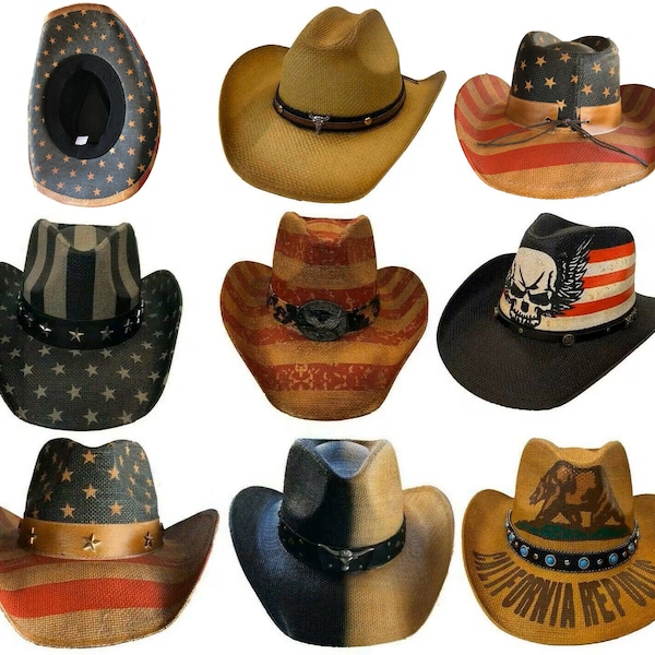 Cowboy Western Fedora Outback Ranger American Flag Bull Metal Emblem Bucket Hat