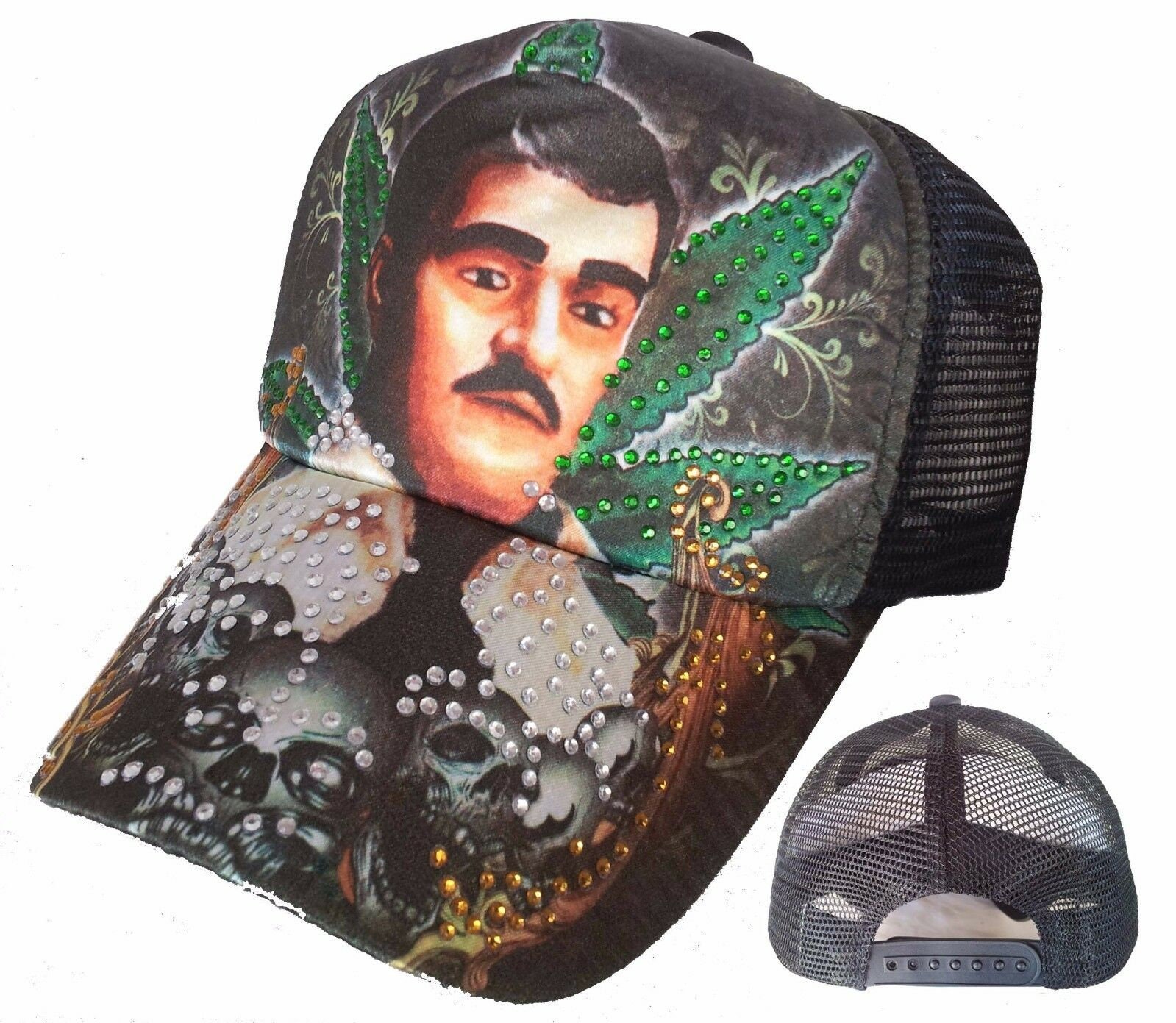 Tattoo Santa Muerte Skull Malverde Rhinestone Trucker Mesh Fashion Ball Cap Hat