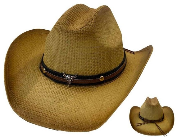 Cowboy Western Fedora Outback Ranger American Flag Bull Metal Emblem Bucket Hat