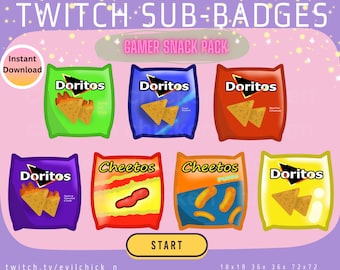 Gamer Sub-badges, Snack-sub-badges, Pittige chip-sub-badges, Voedsel-sub-badges, Twitch-sub-badges, snack-badges, spel-sub-badges, voedsel-badges