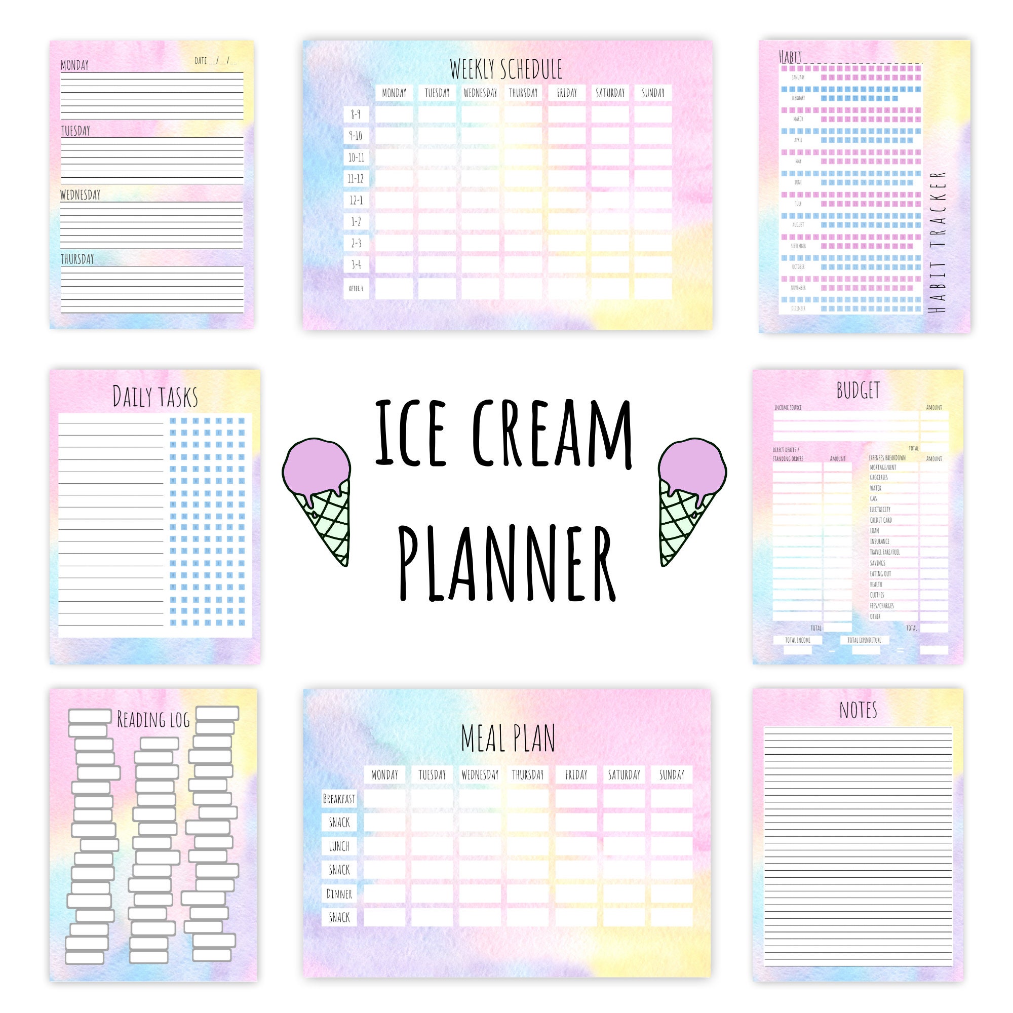 Ice Cream Printable Planner Undated Etsy