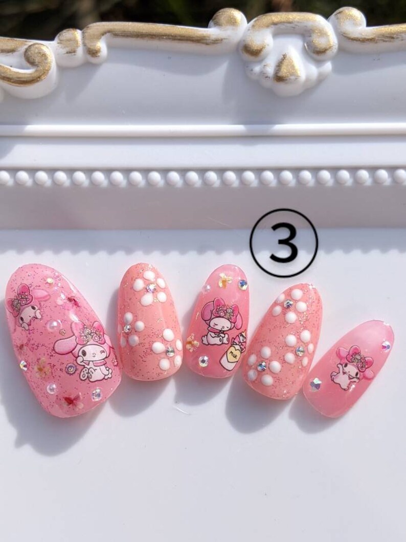 My melody press on nails glitter dot ribbon nails japanese Etsy