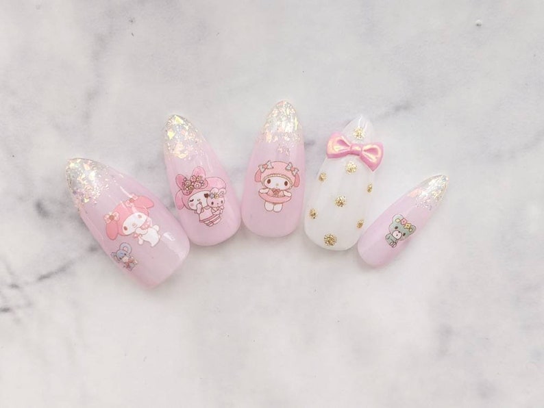 My melody press on nails glitter dot ribbon nails japanese Etsy